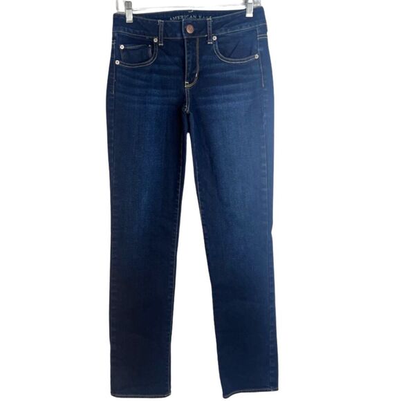 American Eagle Outfitters Stretch Straight Leg Dark Wash Denim Blue Jeans Size 4 - Picture 1 of 9